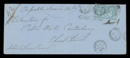 1864 (24 Nov.) On Public Service Only envelope (212x87mm., opened-out) from a member of the Road Board at Christchurch and addressed locally to the Secretary of the Public
Works locally, showing boxed detained for postage and subsequent