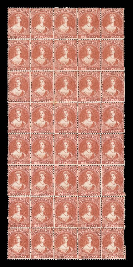 1d. carmine-vermilion, a remarkable block of forty (4x10) illustrating the irregular alignment of the clichés on the plate and the mis-alignment of the line perforations,
resulting in one stamp being imperforate at right, fresh bright color and w