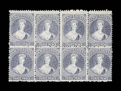 3d. lilac, a block of eight (4x2) showing marginal line watermark at top, good fresh color and with virtually full original gum. An attractive and most attractive multiple.
R.P.S. Certificate (2006). Sc. 33 S.G. 117, £960+.