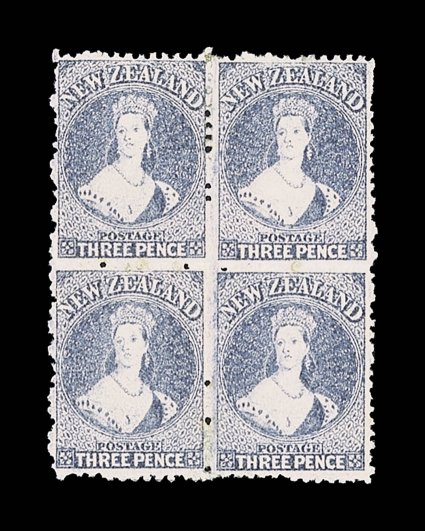 3d. lilac, a block of four in a rich color for this delicately-shaded stamp a few little light tone marks and one stamp with a thin at top, though of generally fine
appearance. Sc. 33 S.G. 117, £480.