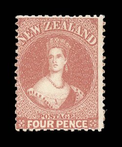 4d. deep rose, unused with part original gum, quite well-centered for this stamp which is very often encountered severely off-center, fresh bright color one perf. at left with
surface thin and small inclusion at left which does effect the fine a