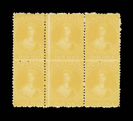 4d. yellow, a block of six (3x2) with vertical perforation between the left-hand block of four misplaced resulting in narrow and wide stamps, fresh bright color and with large
part original gum. An outstanding multiple of this lovely stamp. Sc. 3