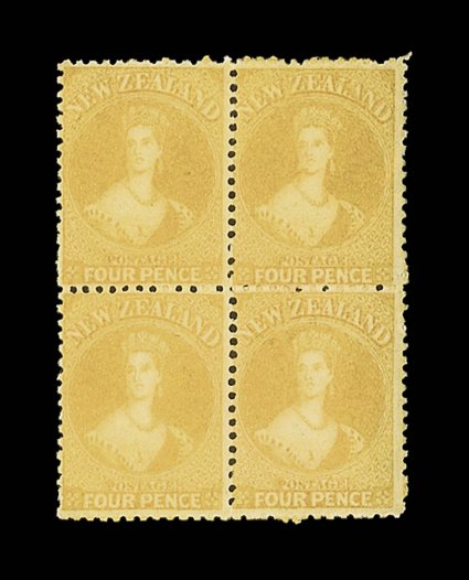 4d. yellow block of four in a deep shade, fresh color and with large part original gum the upper pair with some split perfs. between, otherwise choice and a rare multiple.
R.P.S. Certificate (2006). Sc. 35 S.G. 120, £900+.
