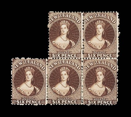 6d. red-brown, a block of five in a wonderful deep rich shade, unused with part original gum a few small imperfections and with the left-hand stamp apparently severed and
re-attached. A rare and striking multiple. R.P.S. Certificate (2006). Sc.