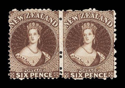 6d. red-brown, a horizontal pair offering clear sharp impressions, the reverse with partial offsets under large part original gum. Rare and most unusual. Sc. 36 var. S.G. 122
var. C.P. A5h(W), unpriced. provenance: Gerald Ellott