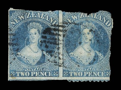 2d. deep blue (Plate II), a horizontal pair showing perforations at base of right-hand stamp only, good to large margins or roughly separated elsewhere, indistinct numeral
obliterators the right-hand stamp with a large tear at top which possibly