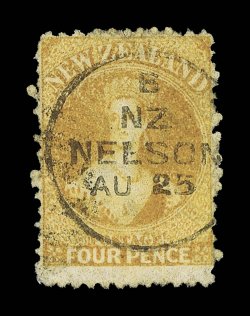 4d. orange, neatly cancelled with Nelson au 25 c.d.s. and most attractive as such. A rare shade. Sc. 35a S.G. 120, £1,000.