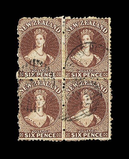 6d. red-brown, a block of four lightly cancelled with two part strikes of the Invercargill 21 duplex upper left corner rounded, otherwise fine and a rare multiple. Sc. 36 S.G.
122.
