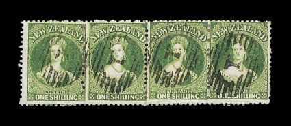 1- deep green, a horizontal strip of four with each clearly cancelled 1 at Auckland. A fine and rare used multiple of this rich shade. Sc. 37b S.G. 123. provenance: R.J.G
Collins H. Gordon Kaye, April 1991