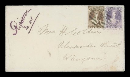 1869 (4 Aug.) envelope registered from Patea Taranaki to Wanganui, bearing 3d. mauve and 6d. brown cancelled by t3 obliterator, showing manuscript registration marking in
purple at upper left the envelope with flap missing. A fine and c