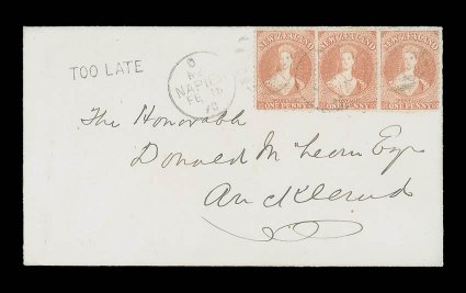 1870 (16 Feb.) envelope from Napier to Auckland, bearing 1d. pale orange-vermilion strip of three clearly tied by Napier hi duplex, showing fine unframed too late at upper
left with very fine arrival c.d.s. (24.2) on reverse. A n