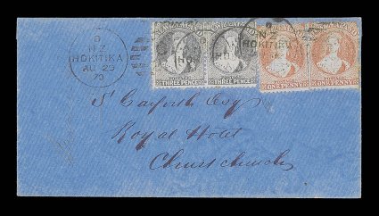 1870 (29 Aug.) double rate blue envelope from Hokitika to Christchurch, bearing 1d. orange-vermilion (2) and 3d. lilac pair, all tied by Hokitika c21 duplex and showing, on
reverse, clear arrival datestamp (31.8). A fine and colorful fra