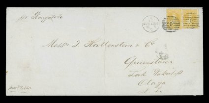 1870 (3 Oct.) quadruple rate envelope (253x114mm. central vertical fold) from Dunedin to Queenstown, Lake Wakatipu, marked pr Rangototo and forwdd. D.N.&Co., bearing 4d.
yellow (2) both cancelled by small O obliterator, showing cle