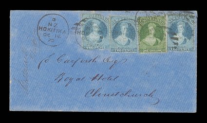 1870 (16 Oct.) blue envelope from Hokitika to Christchurch, bearing 2d. pale blue (3, one defective) and 1- green, all tied by Hokitika c21 duplex and showing arrival
datestamp (19.10) on reverse some very light staining around perfora