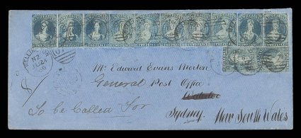 1868 (24 June) triple rate blue envelope (221x93mm.) from Wellington to the General Post Office, Waterloo, Sydney, bearing 2d. blue Plate II (12, several retouched) cancelled
with 070 duplexes and showing Waterloo c.d.s. (4.7) alongside, the en