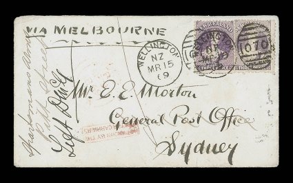 1869 (15 Mar.) envelope from Wellington to the General Post Office, Sydney, marked Via Melbourne, bearing 3d. deep mauve (2, one in a brighter shade) tied by 070 duplex the
envelope redirected to Sportsmans Arms, Pitt Street, showi