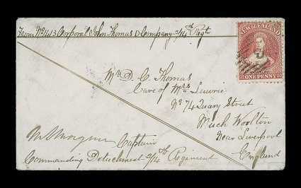 1866 (5 Apr.) soldiers envelope to Much Woolton near Liverpool, headed From No 1413 Corporal John Thomas D Company 214th Regt., countersigned by Commanding Officer, bearing
1d. carmine-vermilion cancelled 8 and showing, on reverse, Wang
