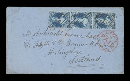 1866 (May) blue envelope to Bannockburn, bearing 2d. deep blue Plate II vertical strip of three placed sideways and twice cancelled by manuscript Okarita 22566, showing red
London Paid transit d.s. (13.8) alongside with arrival c.d.s. (14