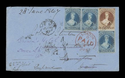 1867 (Apr.) double rate blue envelope from Napier to Lymington and forwarded locally, bearing 2d. deep blue Plate II (3) and 6d. red-brown, all lightly cancelled, showing
handstruck 1 (penny) for redirection and, on reverse, despatch, London (2