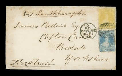 1869 (21 Dec.) envelope from Auckland to Bedale, Yorkshire, marked Via Southampton, bearing 2d. blue Plate II and 4d. yellow (one blunt corner) sharing 1 duplex and showing,
on reverse, arrival c.d.s. (26.2) the envelope with some soilin