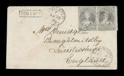 1870 (4 June) envelope from New Plymouth to Leicestershire, bearing 3d. lilac pair, both neatly cancelled 9, showing despatch and arrival (25.8) datestamps alongside plus
framed too late at upper left the envelope a little soiled and w
