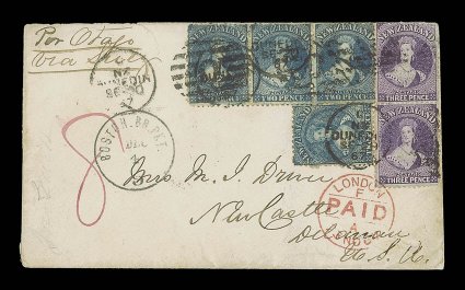 1867 (20 Sept.) envelope from Dunedin to Delaware, marked Per Otago via Suez, bearing 2d. blue Plate II (4) and 3d. deep mauve vertical pair, all cancelled by O duplexes,
showing manuscript 8 in red ink, London Paid transit d.s. (23