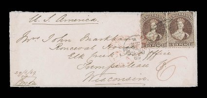 1869 (30 June) envelope (H.M.S. Blanche crest on flap) from Auckland to Elk Creek Post Office Wisconsin, initialled AHM (Albert H. Markham, first lieutenant on H.M.S. Blanche
and later, in 1871, Commander of H.M.S. Rosario