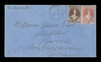 1865 (18 Dec.) blue envelope from Invercargill to Hawick, Scotland, marked Via Marseilles, bearing 4d. deep rose and 6d. red-brown, both lightly cancelled and showing despatch
c.d.s. alongside with arrival d.s. (13.2.66) on reverse. A neat