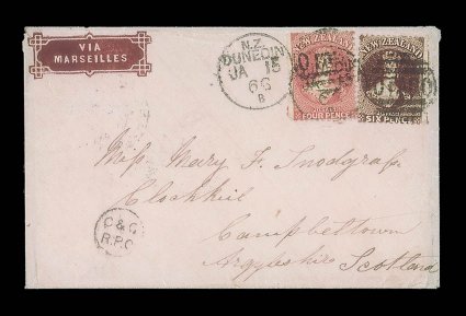 1866 (15 Jan.) pink envelope, with printed viamarseilles at top left, from Dunedin to Campbelltown, Scotland, bearing 4d. deep rose and 6d. red-brown, both tied by Dunedin
otago duplex, showing c&gr.p.o. h.s. at lower left