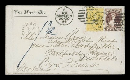 1866 (20 Aug.) envelope, with printed Via Marseilles at upper left, from Dunedin to Thurso, Scotland and redirected locally, bearing 4d. yellow and 6d. red-brown cancelled by
O duplex, showing arrival c.d.s. (16.10) and manuscript 1d<