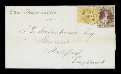 1866 (17 Nov.) entire from Wellington to Halifax, marked Via Marseilles, bearing 4d. deep yellow and 6d. red-brown clearly tied by duplex and showing arrival datestamp (11.1)
on reverse. A fine and attractive franking. Sc. 35, 36 S.G. 120,