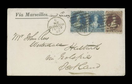 1867 (19 Feb.) envelope, with printed Via Marseilles and manuscript and Suez at upper left, from Dunedin to Golspie, Scotland, bearing 2d. blue Plate II pair and 6d.
red-brown, both clearly tied by O duplex and showing part arrival