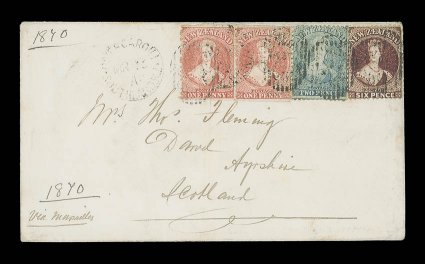 1870 (23 Mar.) envelope from Invercargill to Scotland, marked Via Marseilles, bearing 1d. pale orange-vermilion pair (imperforate on two sides), 2d. pale blue Plate I worn
(perf. faults at foot) and 6d. red-brown cancelled by several strike