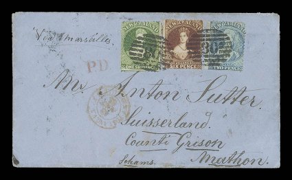 1865 (12 June) envelope from 12 Mile Creek (12 Mile 12665 manuscript endorsement on reverse) to Mathon, bearing 2d. pale blue Plate I (faults), 6d. red-brown and 1- deep green
twice cancelled 08 in oval of bars, showing unframed p.