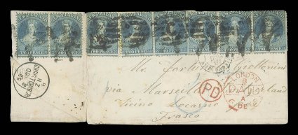 1869 (Oct.) envelope (partially opened-out) from Waimea to Locarno, marked via Marseilles, bearing 2d. blue Plate II (8, two on reverse) each cancelled by large capital W and
subsequently cancelled C in oval of bars, showing blue crayon
