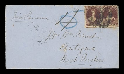 1867 (1 Aug.) double rate blue envelope from Waiku, marked Via Panama and carried on the 14th voyage by the Rakaia, bearing 6d. red-brown pair (both with defects) cancelled 1
in transit at Auckland, showing blue crayon 5 overw