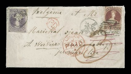1867 (25 Oct.) envelope from Auckland to Verviers, carried on the 17th voyage by the Ruahine, bearing 3d. lilac placed inverted at upper left and cancelled with c.d.s., and
6d. red-brown placed at upper right and cancelled by 1 in oval of