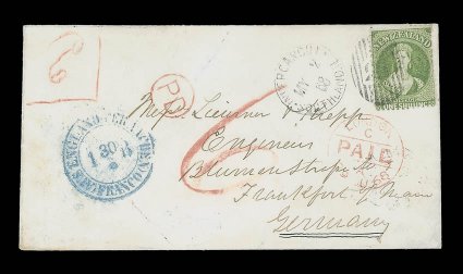 1868 (2 May) envelope (flap missing) from Invercargill to Frankfurt, carried on 23rd voyage by the Matuara, bearing 1- green clearly tied by 21 duplex, showing red crayon 6d
and 6, circular-framed pd and London Paid t