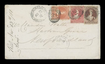 1866 (20 Aug.) envelope from Invercargill to Harbour Grace, bearing 1d. orange, 4d. deep rose and 6d. red-brown, all clearly cancelled by 21 in bars, showing despatch c.d.s.
alongside and arrival datestamp (13.11) with, on reverse, St. Thomas (