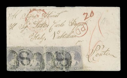 1870 (27 Aug.) envelope from Stafford to Verona, carried on the 1st Contract, 6th voyage by the City of Melbourne, bearing 3d. lilac strip of three and a single twice
cancelled by large S in circle and subsequently lightly cancelled 21