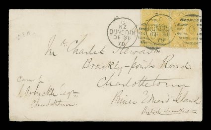 1870 (31 Dec.) envelope from Dunedin to Brackly Point Road care of J. Arbuckle Esq., Charlottetown, carried on 1st Contract, 10th voyage by the City of Melbourne, bearing 4d.
yellow pair twice cancelled with O duplex and showing, on