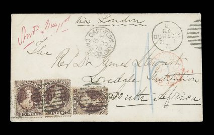 1870 (1 Sept.) envelope from Dunedin to Lovedale Institution, Cape Town, marked via London, carried on 1st Contract, 6th voyage by the City of Melbourne, bearing 6d. red-brown
(3) twice cancelled by O duplex, showing blue crayon 
