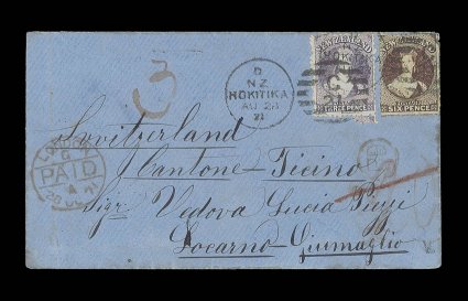 1871 (23 Aug.) blue envelope from Hokitika to Locarno, carried on 2nd Contract, 5th voyage by the Nevada, bearing 3d. mauve and 6d. brown twice cancelled with C21 duplex,
showing manuscript 20 (deleted) and 3, showing circula