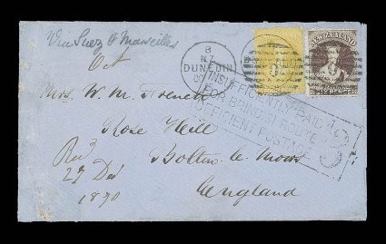 1870 (17 Oct.) pale blue envelope from Dunedin to Bolton, marked Via Suez & Marseilles, this route closed due to the Franco-Prussian War and diverted on to the Via Brindisi
route, bearing 4d. yellow and 6d. red-brown twice cancelled by O