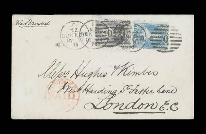 1873 (14 May) envelope from Dunedin to London, marked via Brindisi, bearing 3d. lilac and 1871 6d. pale blue thrice cancelled with O duplex and showing red London Paid c.d.s.
(8.7) at foot light vertical crease just clear of the 3d. valu