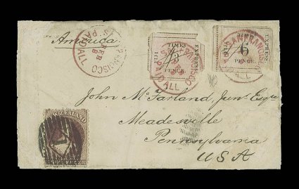 1870 Fiji Times Express, quadrillé paper 3d. black on rose and 6d. black on rose, both affixed on front to Pennsylvania, cancelled by manuscript grid and again in transit by
magenta san franciscopaid all the front was sent via New Zeala