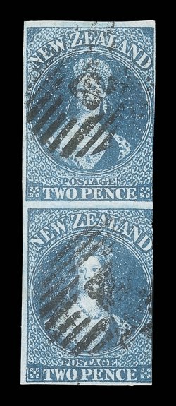 2d deep blue Plate II vertical pair, both cut-into at right and cancelled by unclear obliterator, fine. Sc. 32d, $1700 S.G. 115c, £1800.
