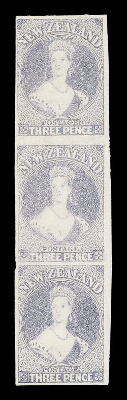 3d. lilac vertical strip of three, close to large margins, unused with part original gum horizontal crease between the two lower stamps. A rare multiple. R.P.S. Certificate
(1944). Sc. 33b, $3,750+ S.G. 117a, £4000+. provenance: G.H. Bo