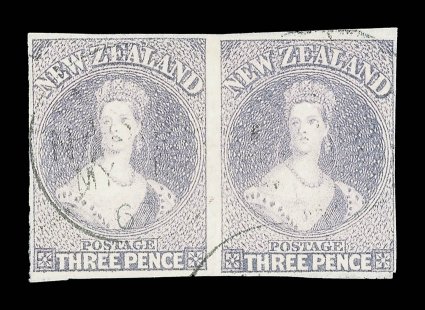 3d. lilac horizontal pair, clear to large margins, lightly cancelled by Nelson duplex, slight crease between at foot otherwise fine. Sc. 33b, $1,900 S.G. 117a,
£1,800.