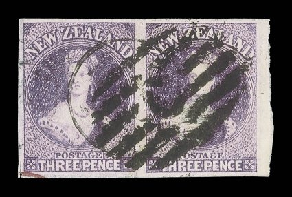3d. deep mauve, a superb marginal horizontal pair, the original datestamp overstruck with C in oval of bars, small marginal scissor-cut at lower left. B.P.A. Certificate
(1990). Sc. 33c, $1,900 S.G. 118a, £1,800. provenance: F.C. Krich